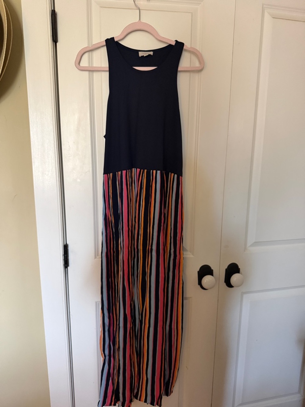 LOFT Black Dress with striped bottom.  Very comfortable.